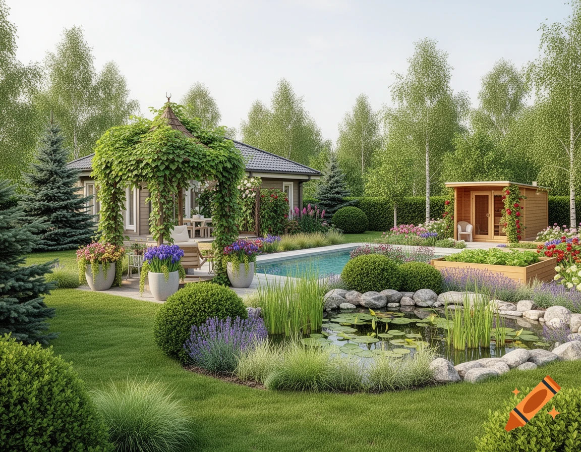 Lush garden with a house, vine-covered gazebo, swimming pool, and a rock-lined pond with water lilies.