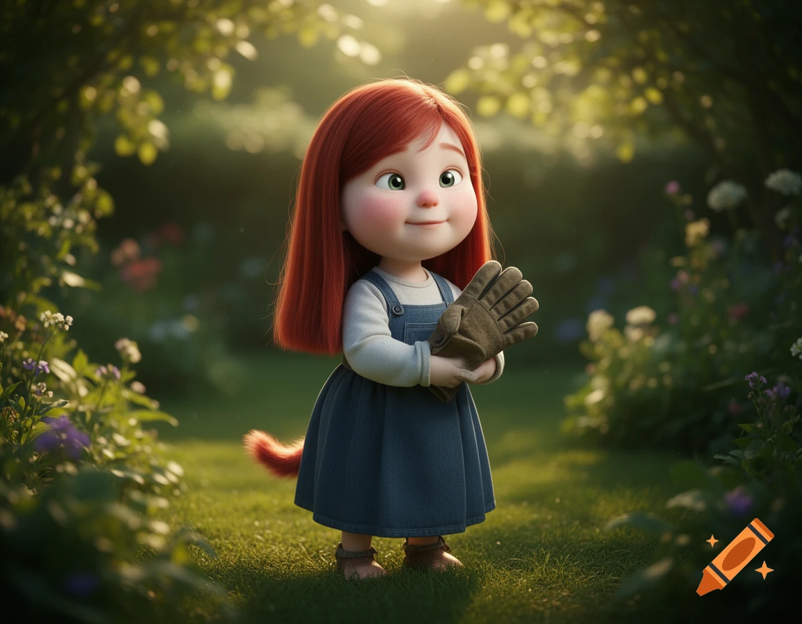 A cartoon girl with red hair, wearing overalls, holds a gardening glove in a sunny, green garden with flowers.