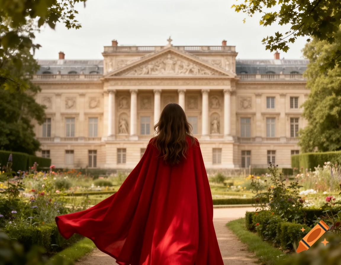 A person in a flowing red cape walks away towards a grand classical château in a formal garden.