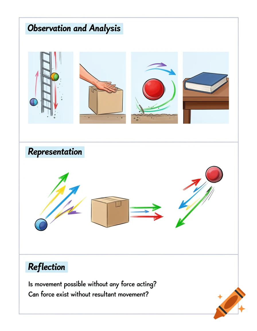 An educational diagram illustrating physics concepts of force and movement with sections for observation, representation, and reflection. Illustrations show objects falling, a box being pushed, and a ball in motion.