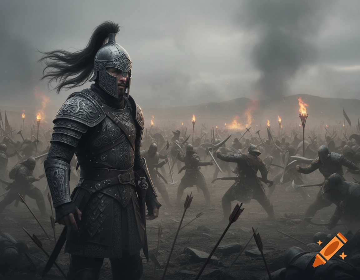 A knight in ornate armor stands on a foggy battlefield amidst fighting soldiers, fallen arrows, and fires.