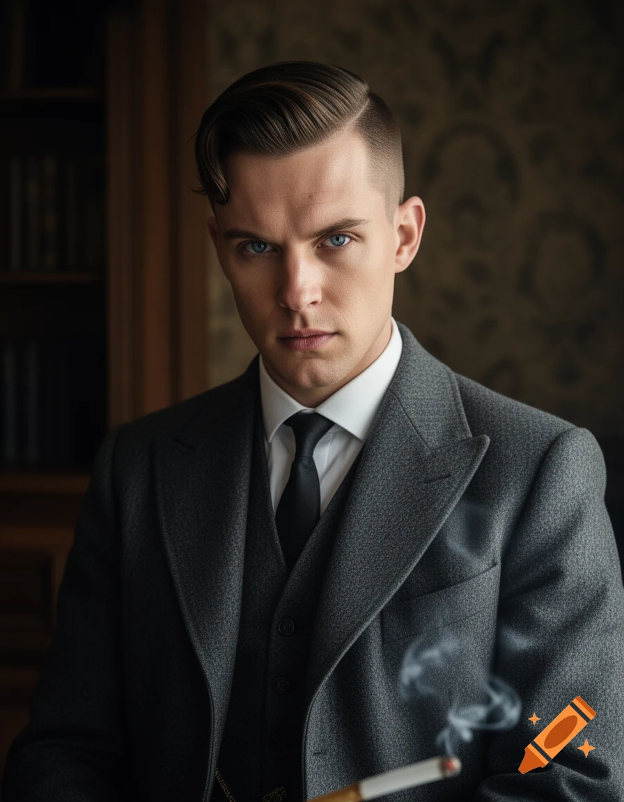 A photorealistic portrait of a serious-looking man with blue eyes and slicked-back hair, wearing a grey suit and black tie, holding a lit cigarette with smoke rising.