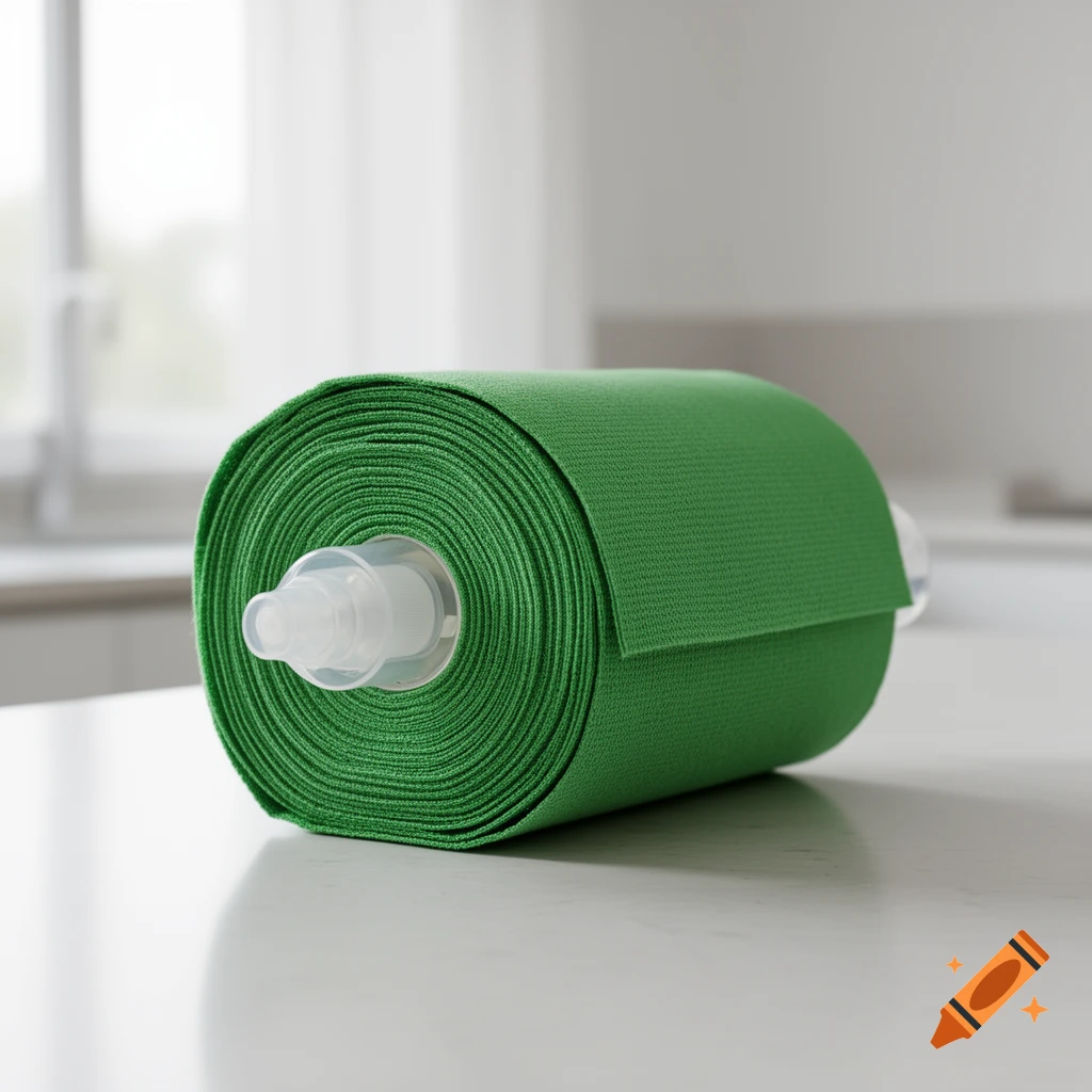 A green reusable kitchen towel roll with a transparent core on a white kitchen counter.