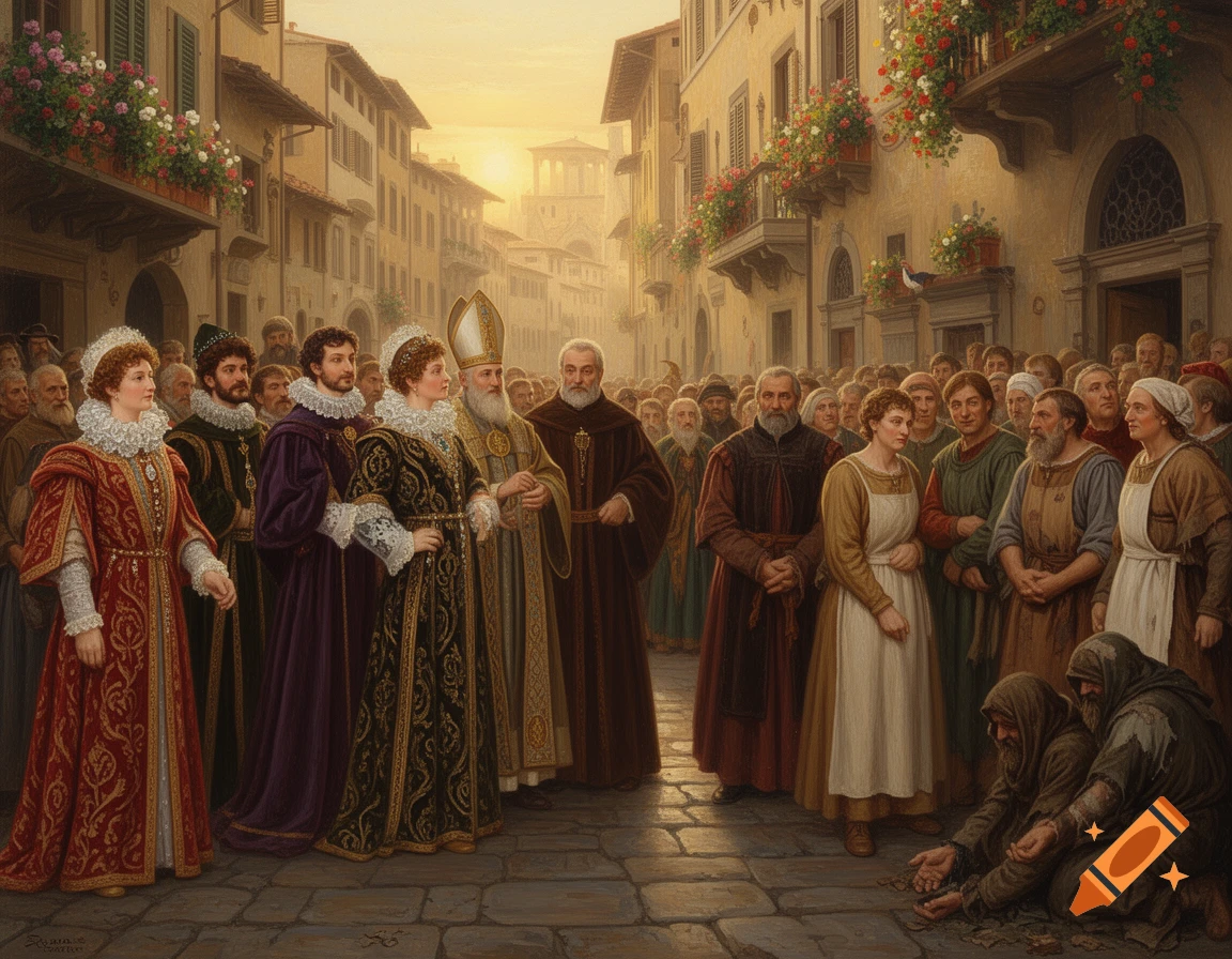 A painting of people from different social classes in Renaissance Florence, including nobles, clergy, merchants, and beggars, on a city street at sunset.
