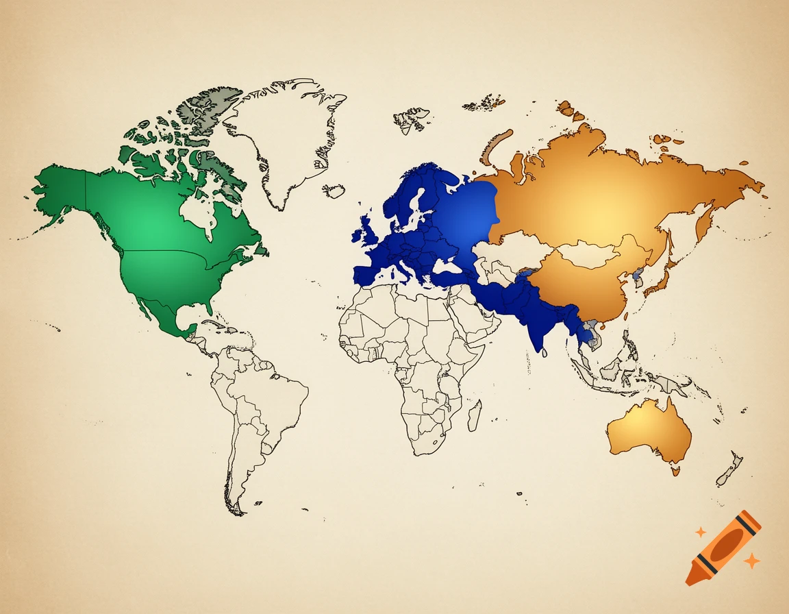 A political world map with North America colored green, most of Europe and part of Asia colored blue, and most of Asia and Australia colored orange. Other continents are outlined.