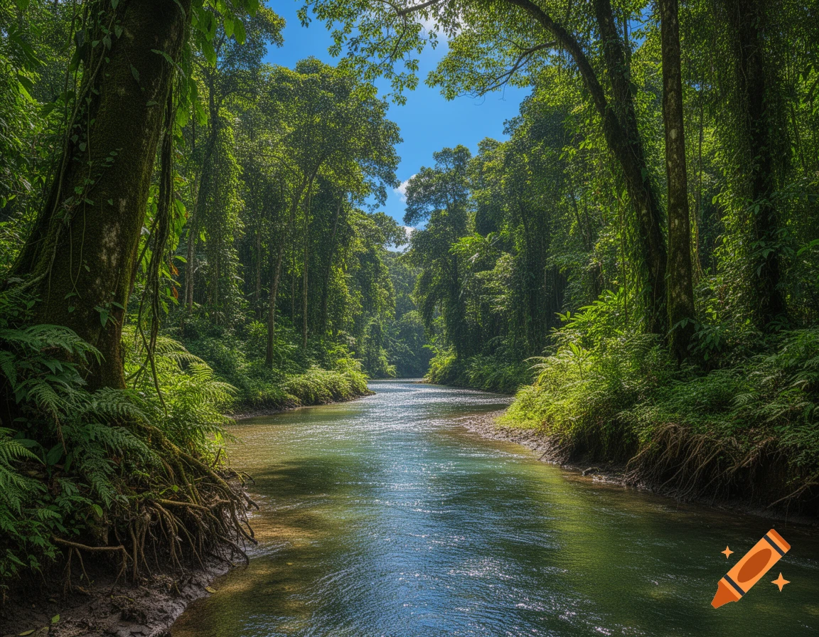 A calm river flows through a dense, lush green jungle under a bright blue sky, with sunlight dappling through the leaves.