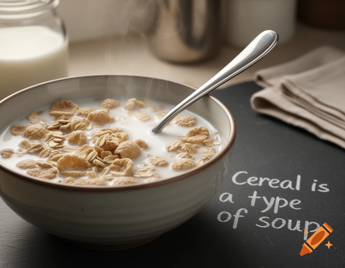 A close-up, photorealistic image of a bowl of cereal with milk and a spoon, with the text 'Cereal is a type of soup' written next to it.