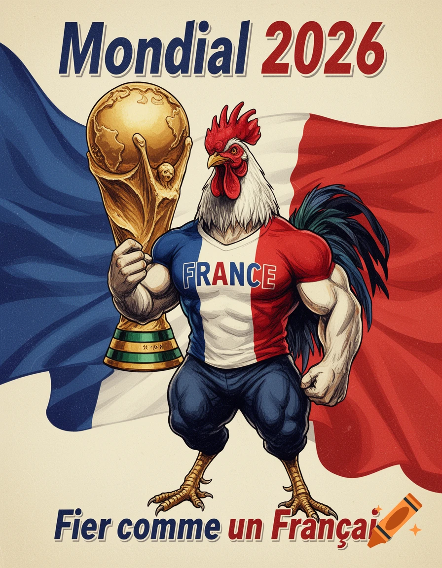A muscular anthropomorphic rooster wearing a French flag shirt, holding the World Cup trophy. Text reads 'Mondial 2026', 'FRANCE', and 'Fier comme un Français' in a vintage illustration style.