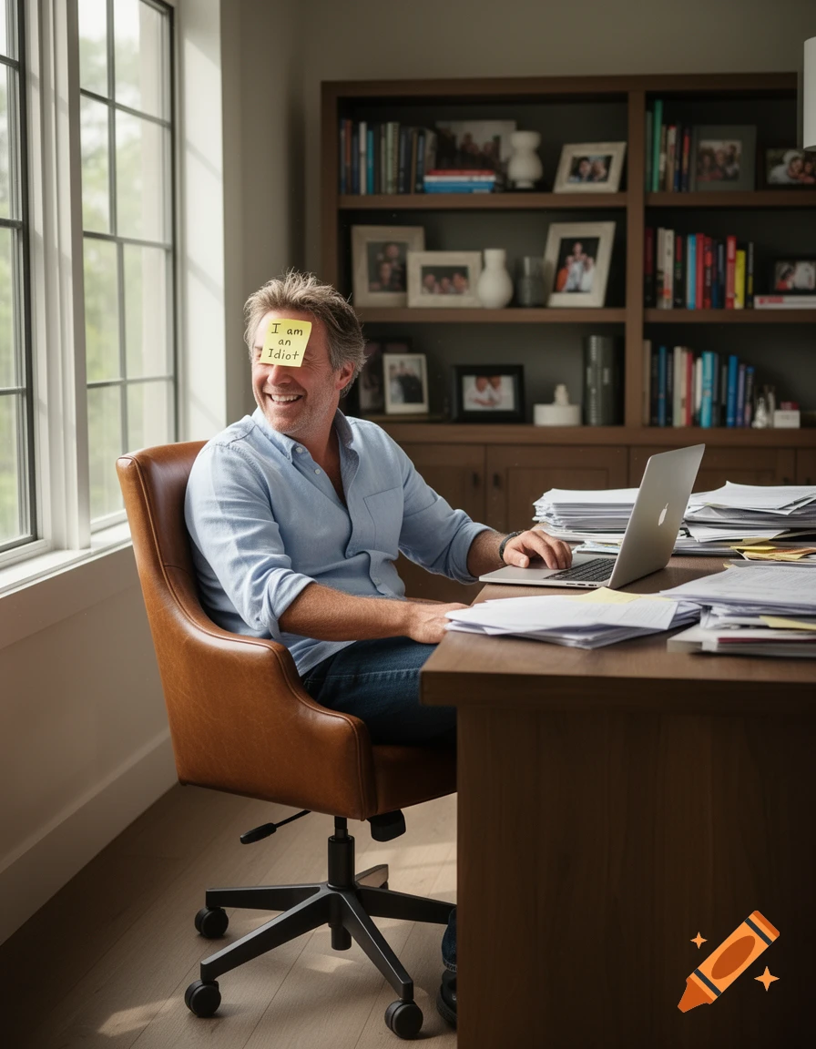 A smiling man sits at a desk in a sunny office, a 'I am an Idiot' sticky note on his forehead. He uses a laptop next to piles of papers.