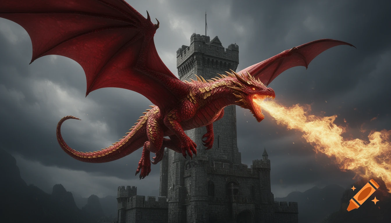 A powerful red dragon with large red wings and golden scales breathes fire while flying in front of a tall medieval castle under a cloudy sky.