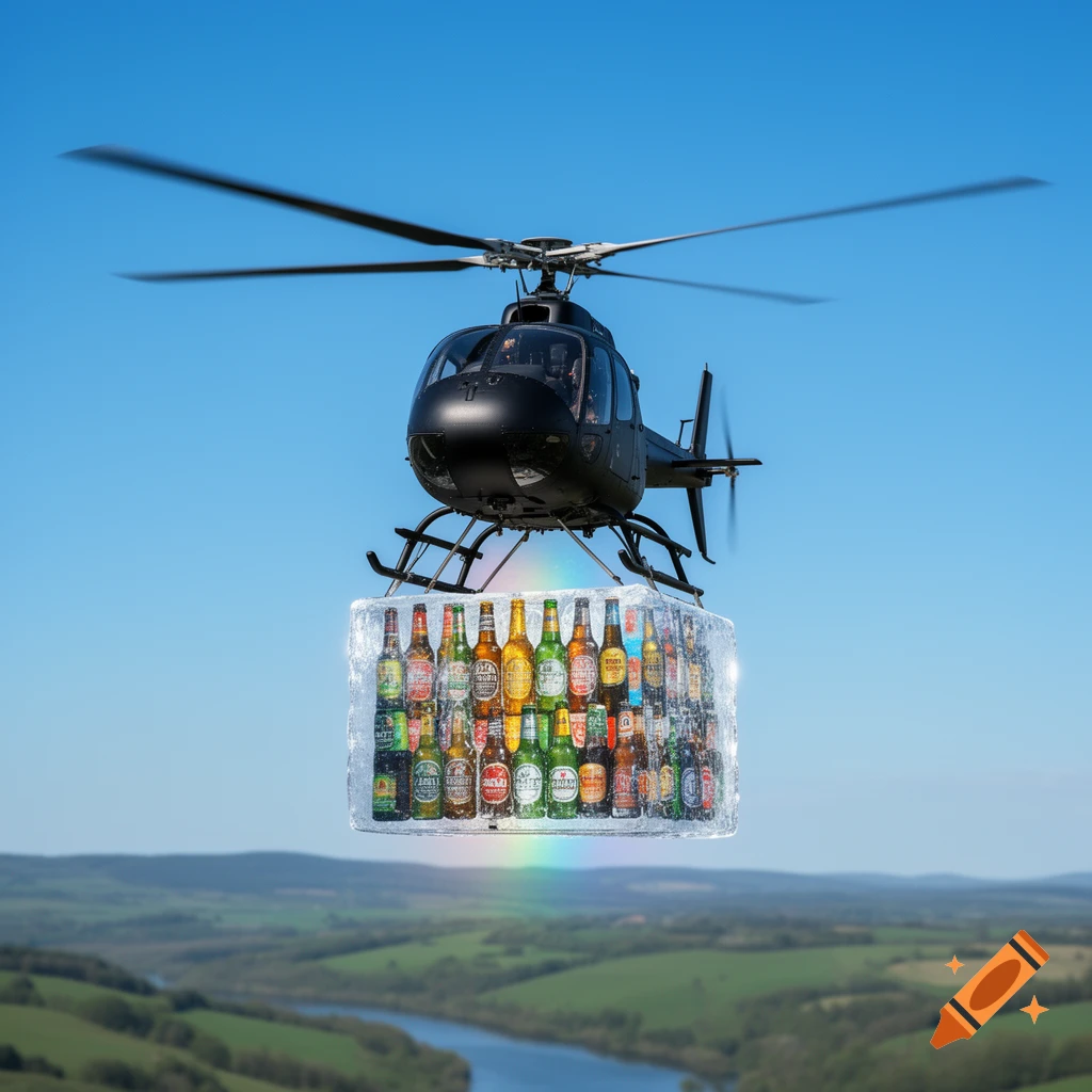 A black helicopter flies through a clear blue sky, carrying a large block of ice filled with beer bottles over a lush green landscape with a river.