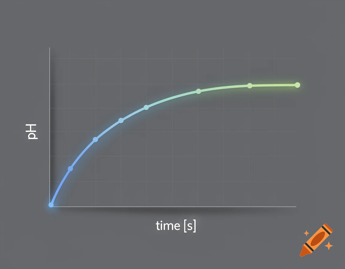 A 2D graph displaying a sigmoidal curve, showing pH on the y-axis and time [s] on the x-axis, on a dark background.
