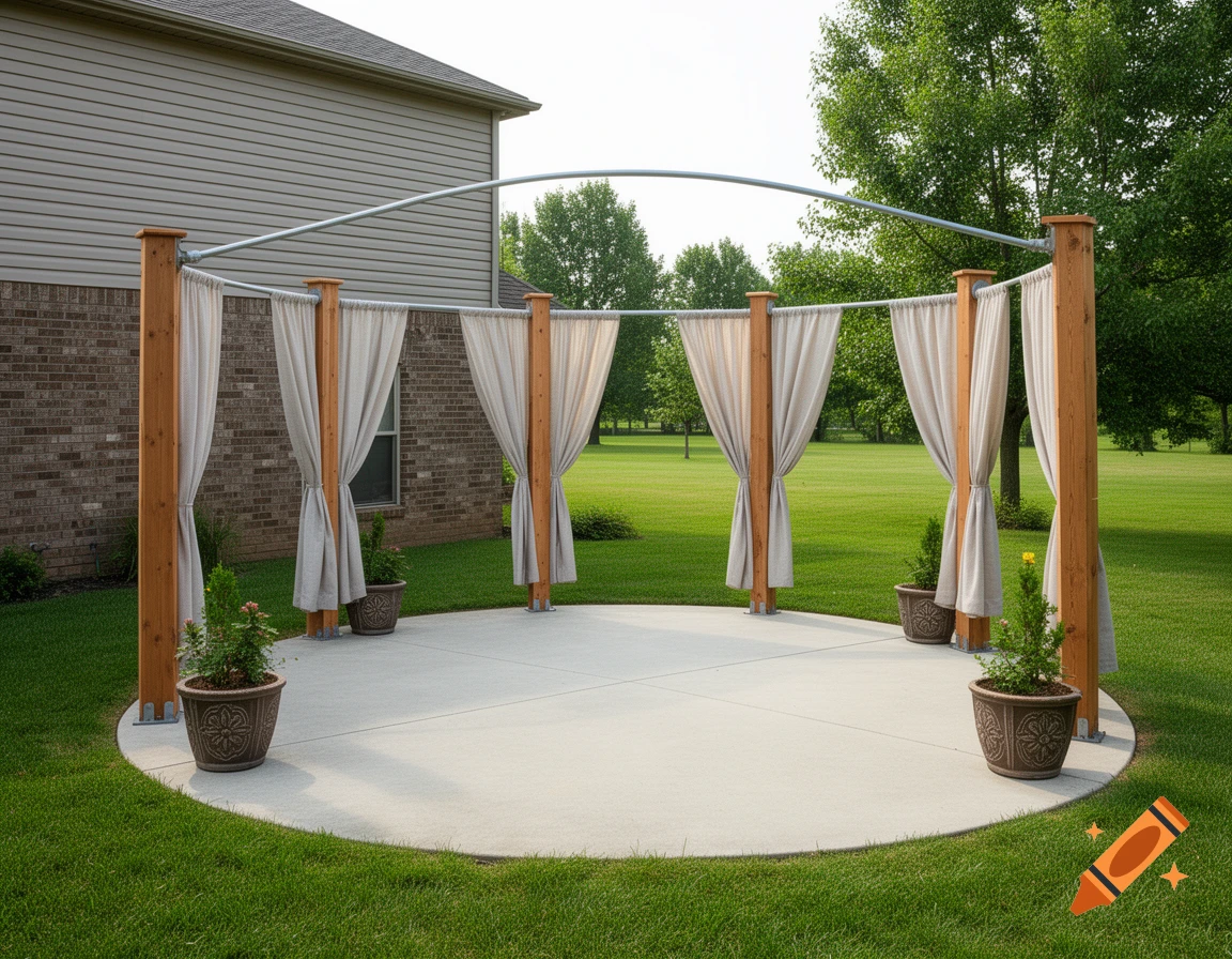 Photorealistic image of a half-circle concrete backyard patio with five wooden posts, light curtains, and potted plants, attached to a house with a green lawn and trees.