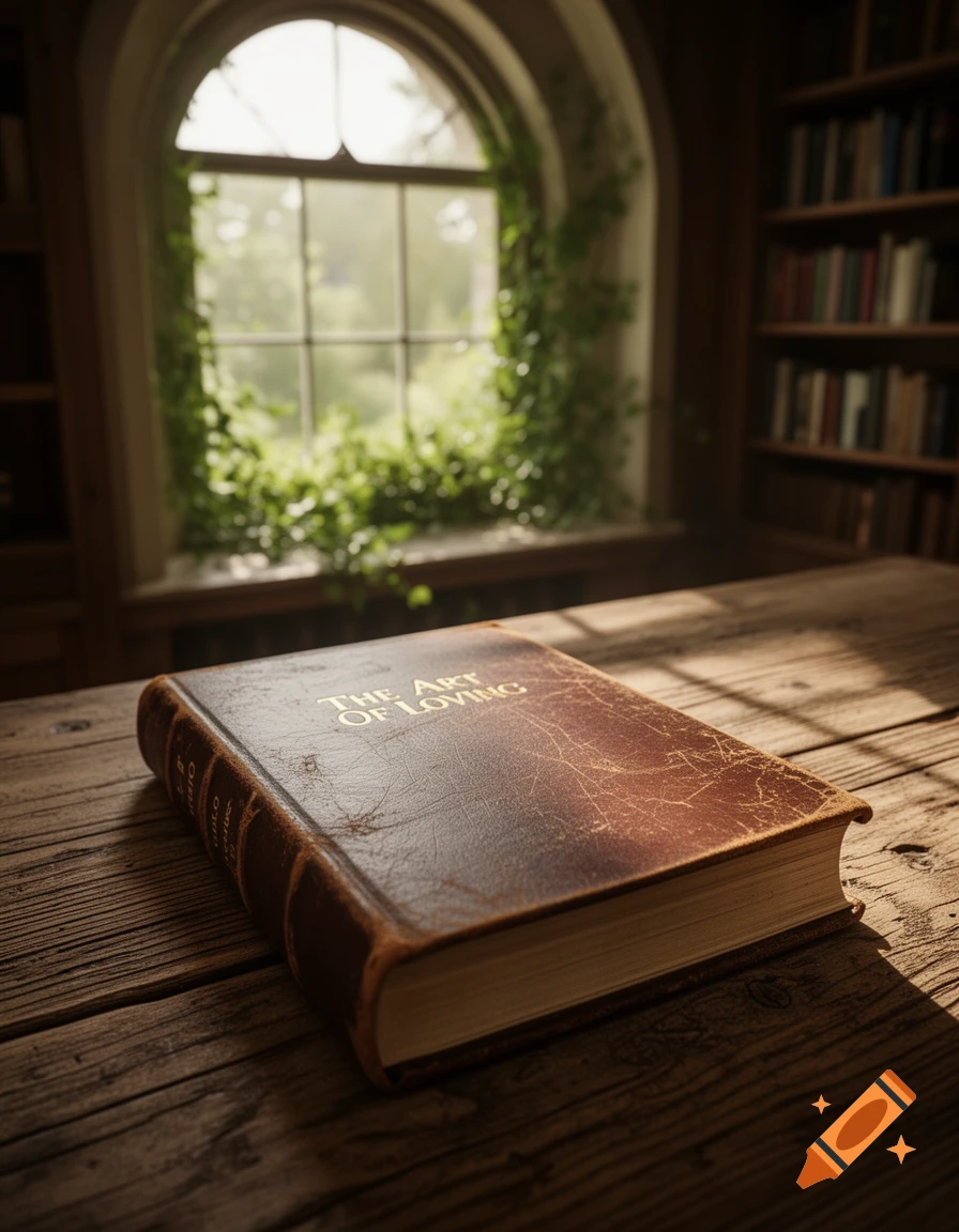 A leather-bound book titled 'The Art of Loving' rests on a rustic wooden table, illuminated by sunlight from an arched window with ivy.
