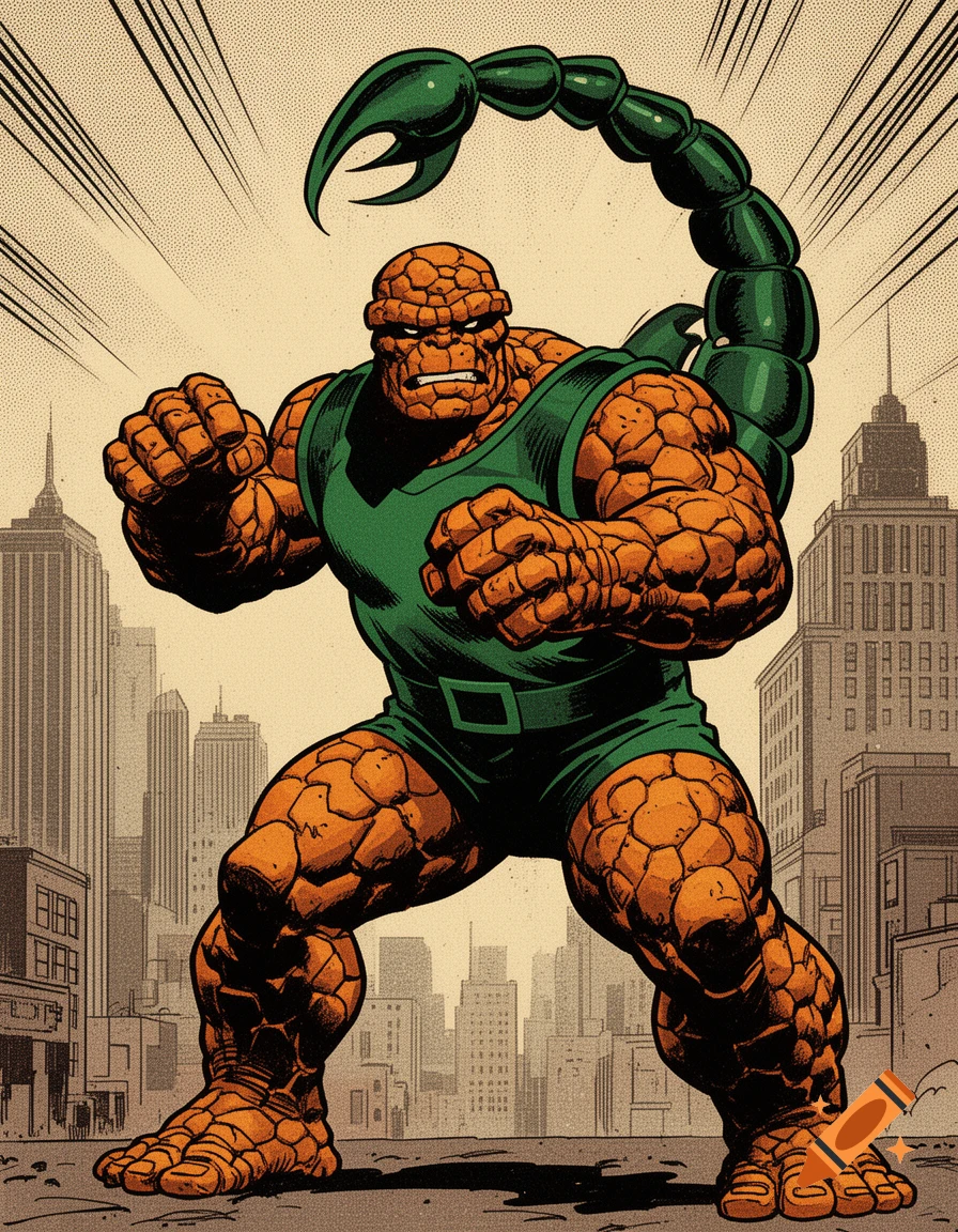 The Marvel character The Thing in a green Scorpion costume, with a large green scorpion tail, standing in a city landscape, in an old comic book art style.