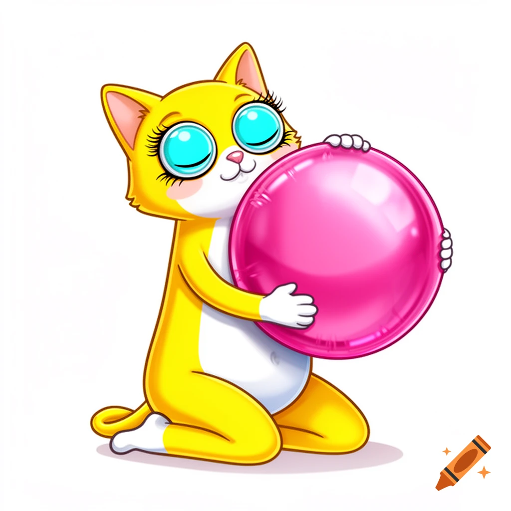 A vibrant yellow cartoon cat with big blue eyes kneels, hugging a shiny pink bubblegum sphere.