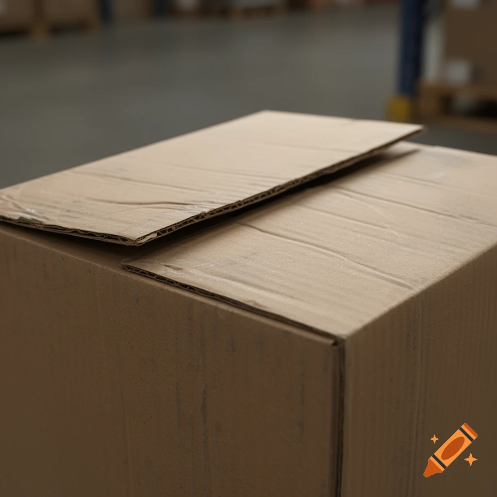 Close-up of a brown cardboard box with partially open top flaps in a blurred warehouse setting.