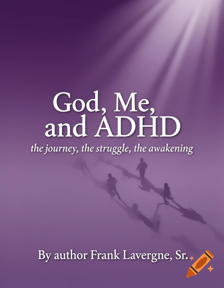 Book cover titled 'God, Me, and ADHD' with a purple gradient background, light rays, and silhouettes of walking people.