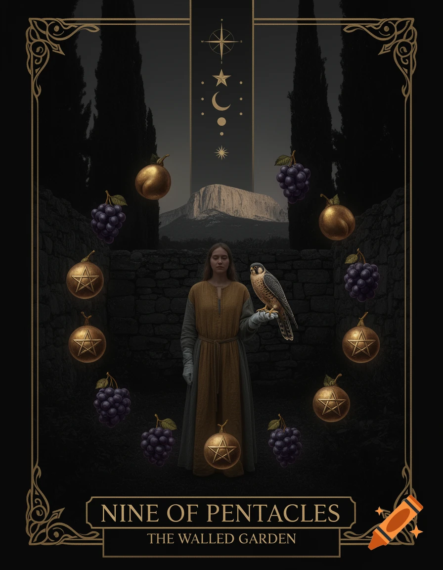 A dark gold tarot card, 'Nine of Pentacles,' depicts a woman holding a falcon in a walled garden with pentacle-fruits and celestial symbols.