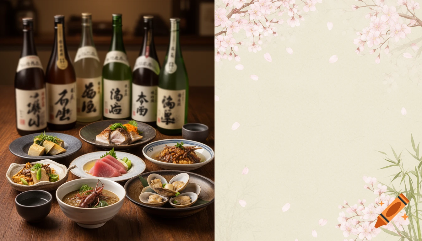 A split image with a variety of Japanese dishes and sake bottles on a wooden table on the left, and a beige background with cherry blossoms and bamboo leaves on the right.