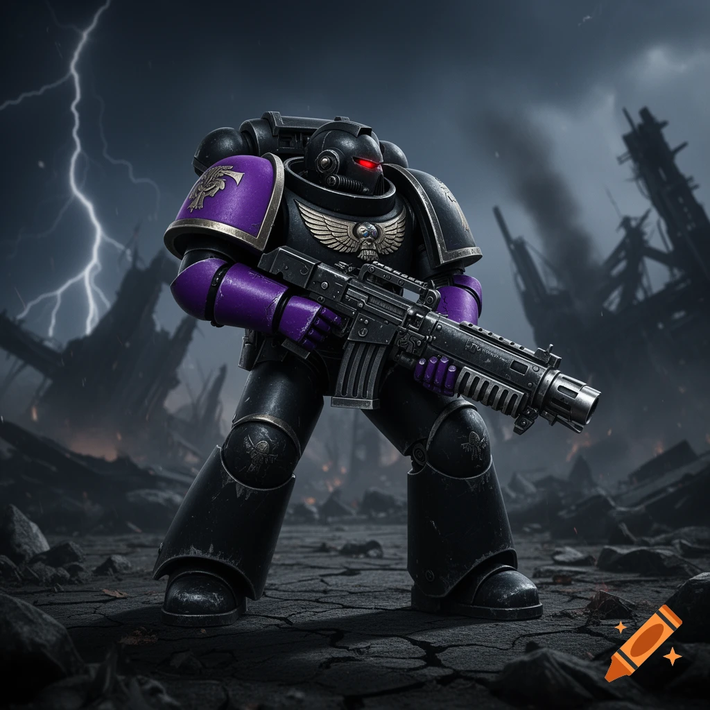 A black Space Marine with purple arms holding a large gun stands on a desolate, rocky battlefield under a stormy sky with lightning.