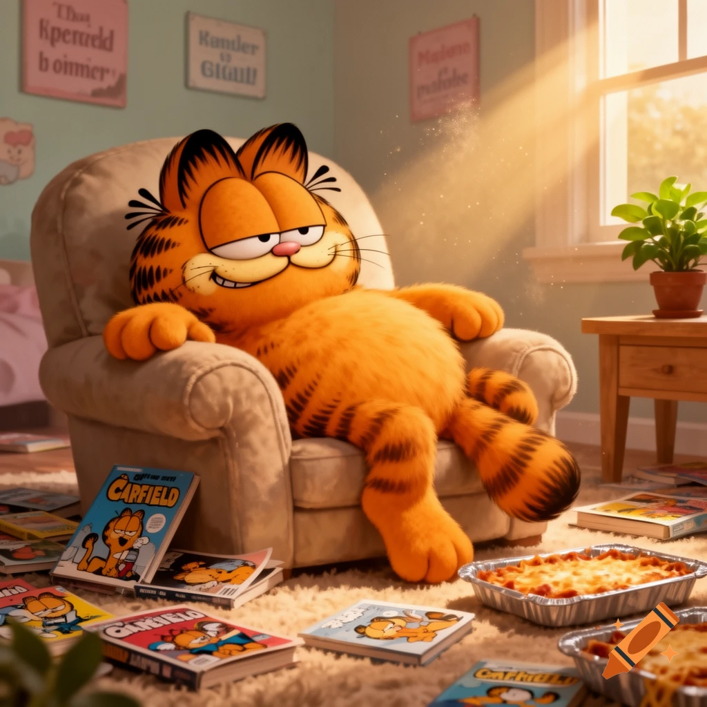 Garfield the cat lounging in a comfortable armchair, surrounded by comic books and trays of lasagna, with sunlight streaming through a window.