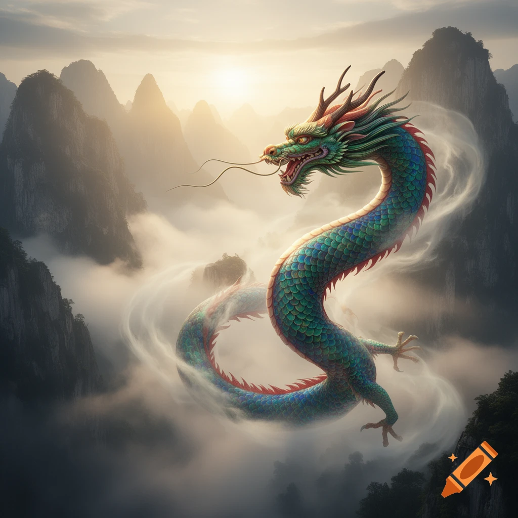 A vibrant Chinese dragon with green and blue scales flies majestically through misty mountains at sunrise.