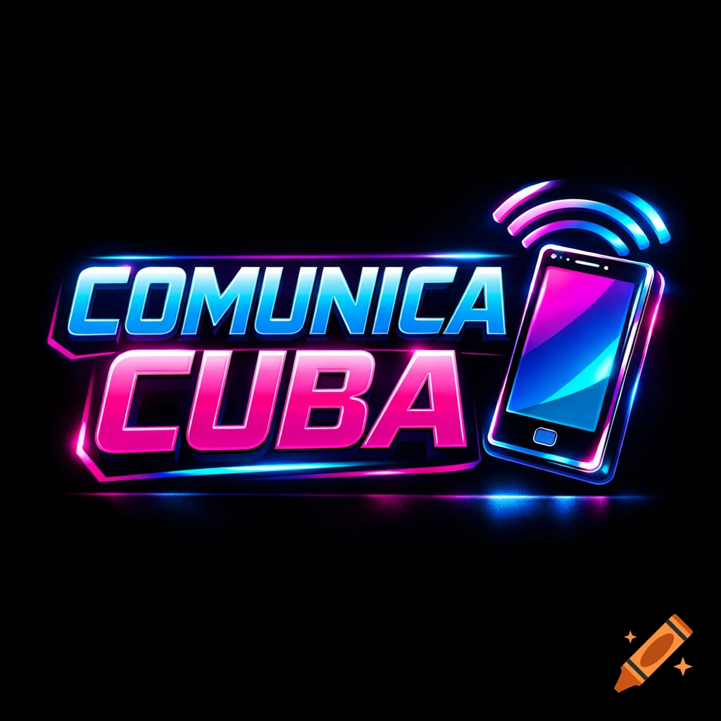 Vibrant neon logo for Comunica Cuba with text in blue and pink, alongside a glowing smartphone icon with network waves on a black background.