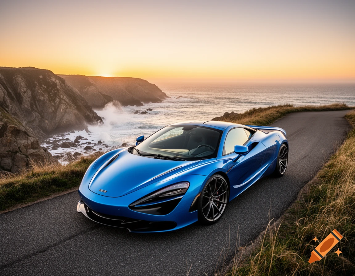 A sleek blue sports car on a winding coastal road at sunset, with cliffs and ocean waves in the background.