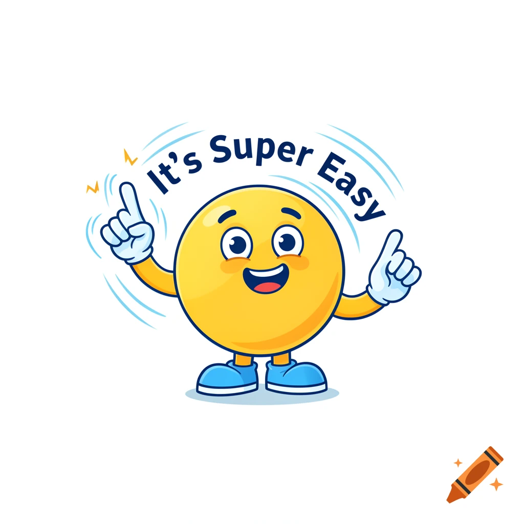 A cheerful yellow emoji character with arms, legs, and shoes, pointing up at the words "It's Super Easy" arched above its head.