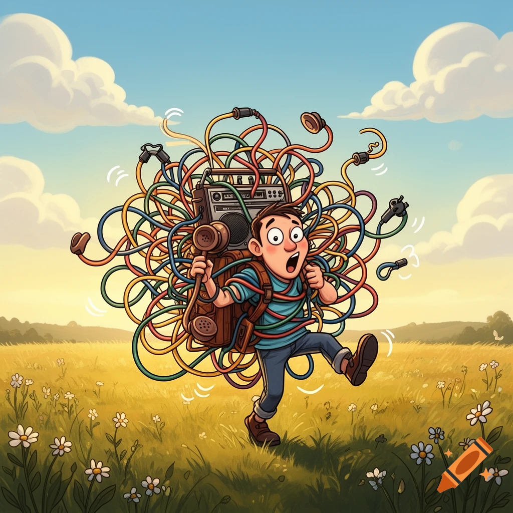 Cartoon boy struggling with a backpack full of electronics and tangled colorful cords while walking through a sunny field with flowers.