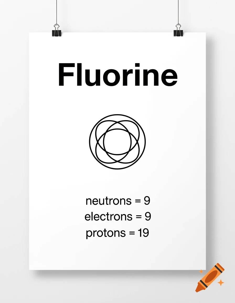 A minimalist educational poster on a white background, displaying "Fluorine," a simple atomic diagram, and text listing neutrons=9, electrons=9, protons=19.