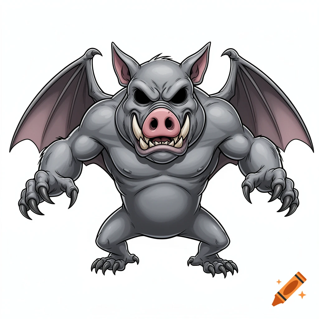 Cartoon illustration of an angry grey bat-pig creature with large wings, sharp teeth, a pink pig nose, and black eyes.