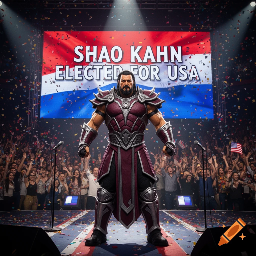 Shao Kahn in ornate armor stands on a stage with confetti falling, a screen reads 'Shao Kahn Elected For USA' behind him.
