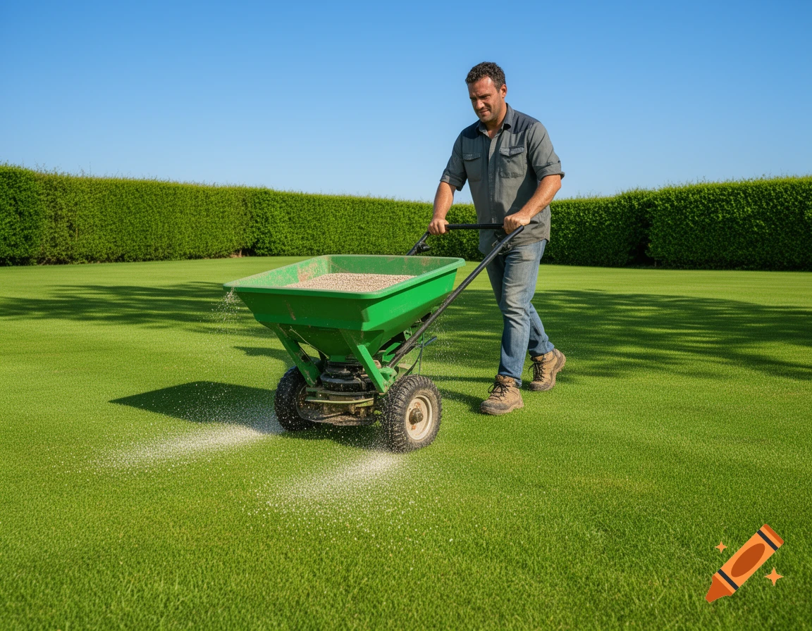 A man in jeans and a shirt uses a green fertilizer spreader on a lush green lawn under a clear blue sky.