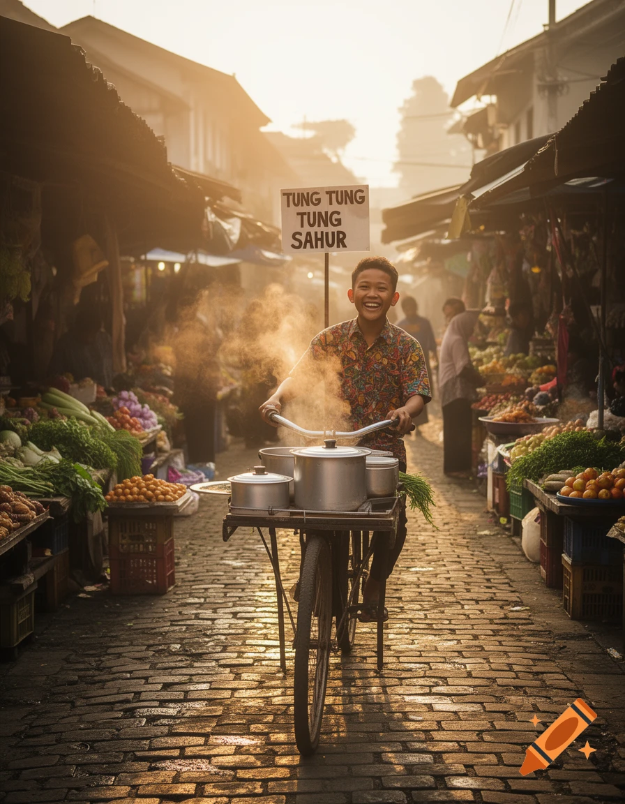 A smiling young man rides a bicycle with steaming pots in a busy, sunlit market street.
