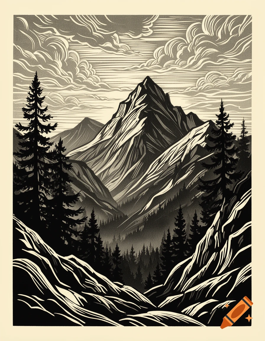 A black and cream linocut landscape with jagged mountains, dense evergreen trees, and stylized clouds.