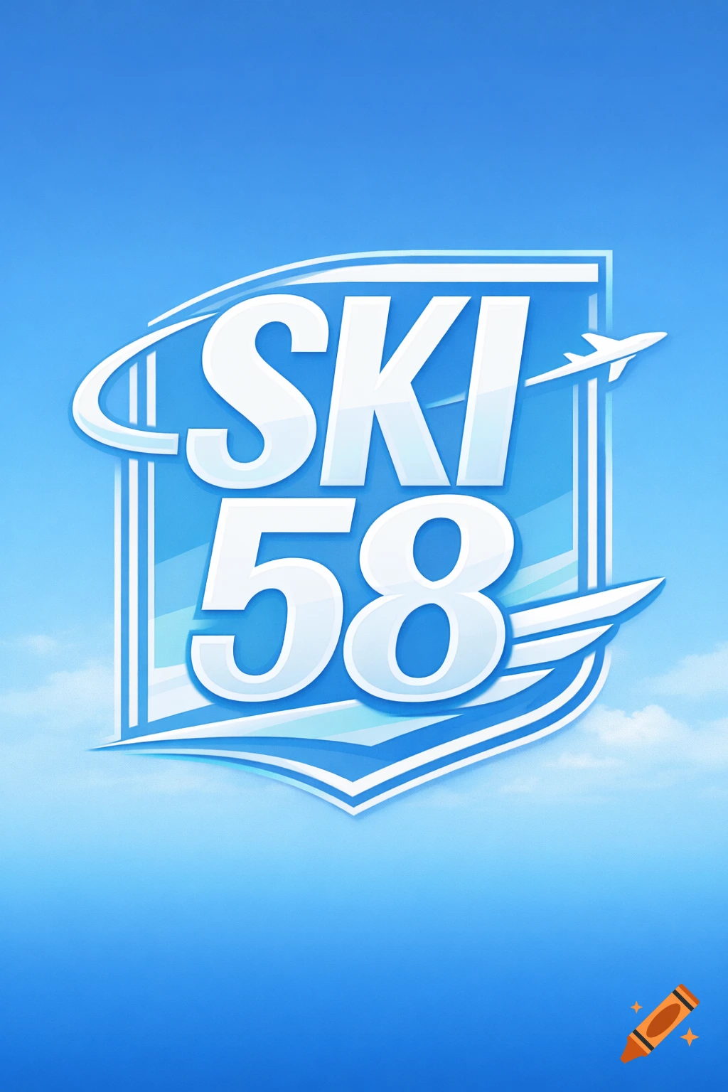A blue and white logo features the text "SKI 58" with a stylized airplane and wings, set against a gradient blue sky with faint clouds.