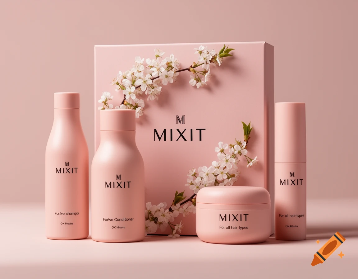High-quality commercial photo of a powder-pink MIXIT cosmetics gift set with hair care products and white cherry blossoms on a pastel background.