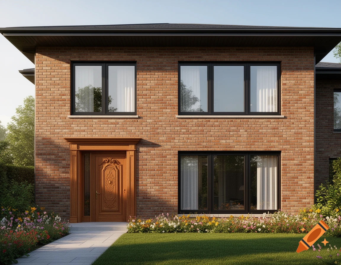 Photorealistic image of a two-story brick house frontage with a carved wooden door, wide black-framed windows, and flower beds.