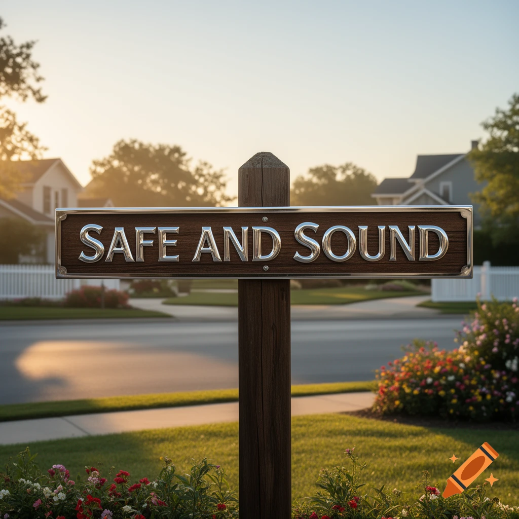A wooden sign with chrome letters spelling "SAFE AND SOUND" stands on a post in a sunny suburban neighborhood.