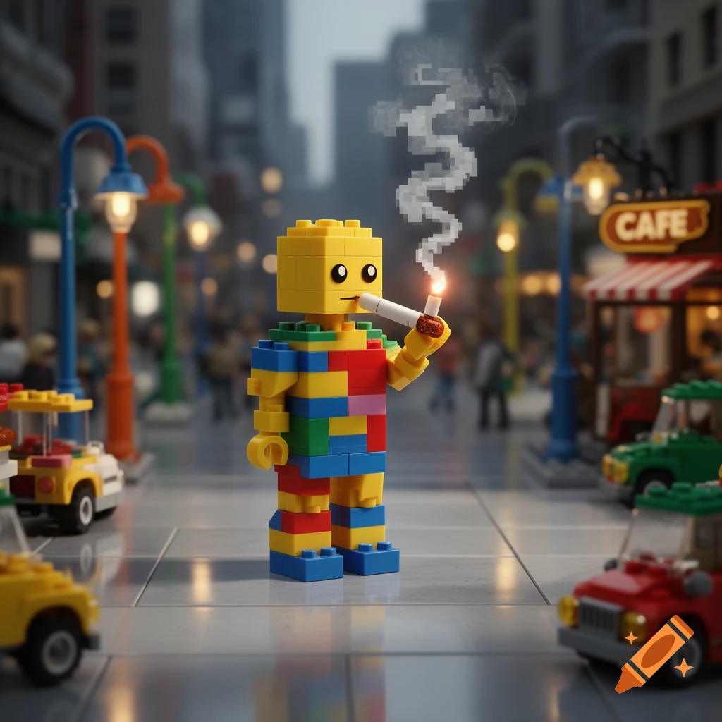 A colorful Lego figure in a city street setting holds a lit pipe in its hand, with pixelated smoke rising.