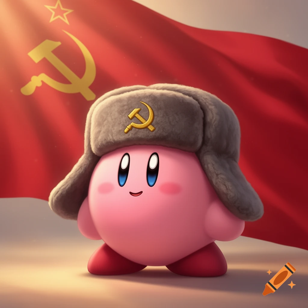Pink Kirby in a fur ushanka with a golden hammer and sickle, standing before a large red Soviet flag.
