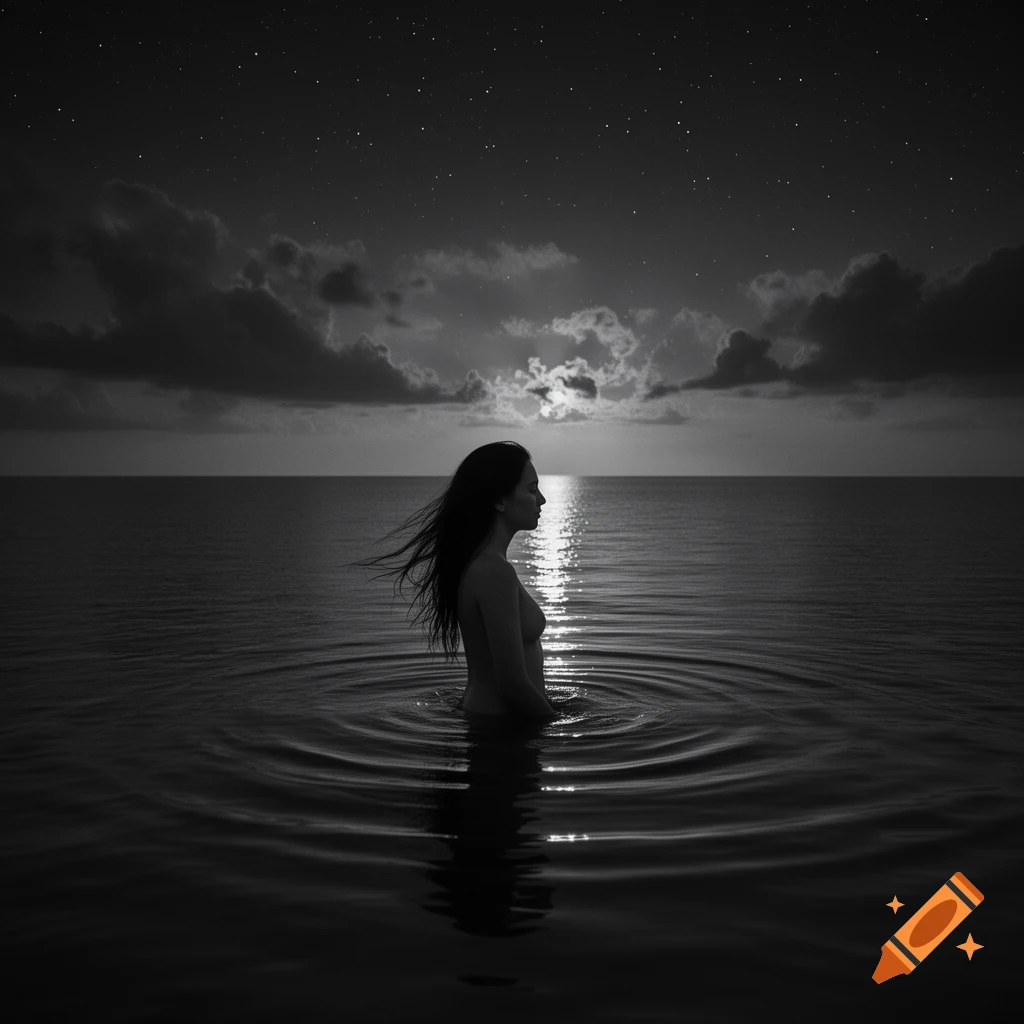 Side profile of a woman standing in the sea at night under a starry sky, in black and white.
