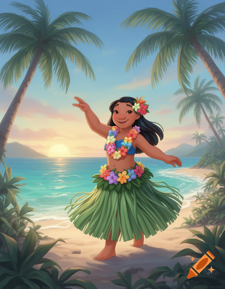 Cartoon girl Lilo hula dancing on a tropical beach at sunset with palm trees.