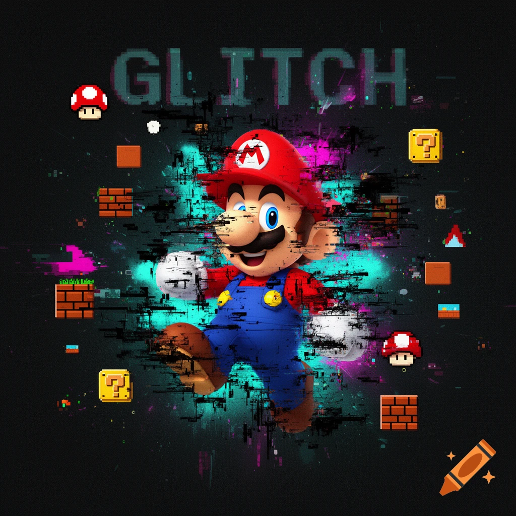 Super Mario in a glitch art style, surrounded by pixelated game elements and vibrant digital distortions on a dark background.