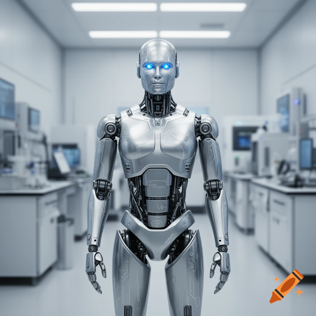 A silver humanoid robot with glowing blue eyes stands in a futuristic ...