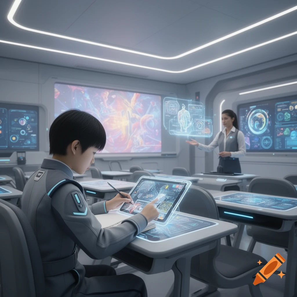 A student in a grey uniform sits at a desk in a futuristic classroom, using a glowing tablet while a teacher presents information on a holographic display.
