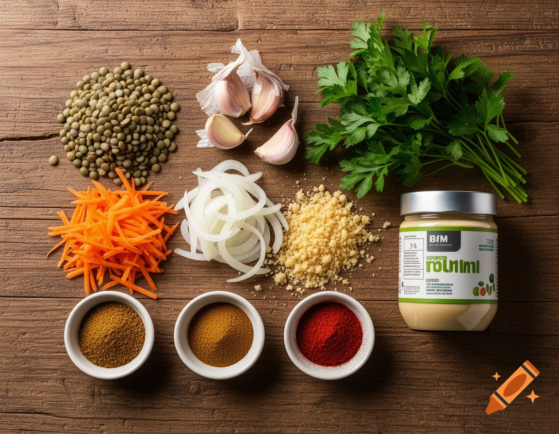 Professional flat lay food photography of green lentils, grated carrots, sliced onions, garlic, breadcrumbs, tahini, cumin, paprika, and parsley on a wooden table.