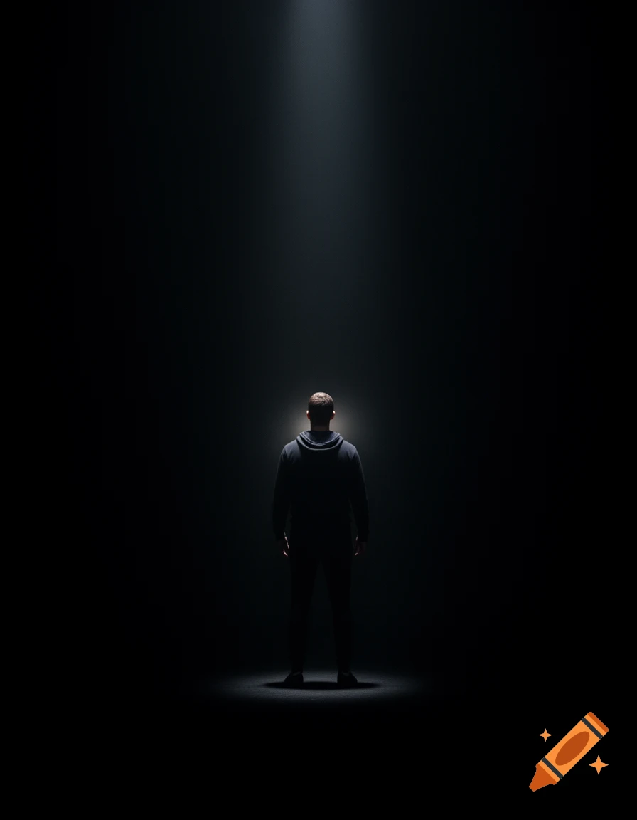A lone man in a dark hoodie stands with his back to the viewer, illuminated by a spotlight in a dark, empty room.